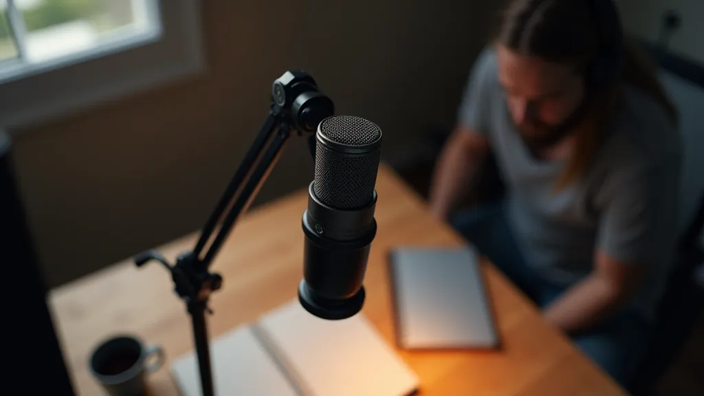 Vysílací rameno v akci v moderním podcastovém studiu s mikrofonem XLR, profesionální nastavení s notebookem