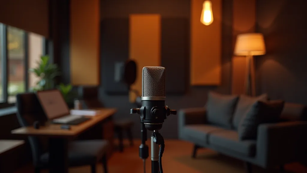 Podcast studio s instalovanými akustickými deskami a profesionálním vybavením