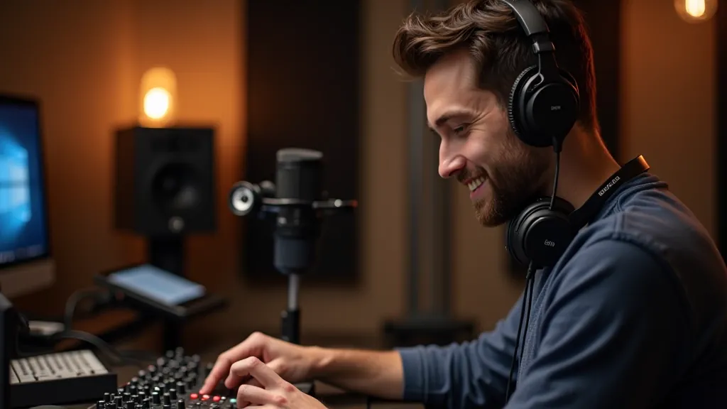 Podcastér pracující v profesionálním studiu s audio mixérem Kompakt Pro, mikrofon na rameně, sluchátka na krku, přátelská atmosféra