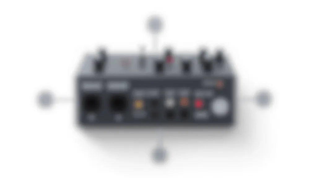 Technické schéma audio mixéru se všemi porty a konektory jasně označenými