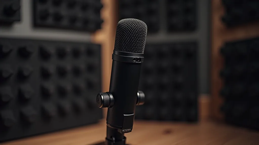 Profesionální XLR kondenzátorový mikrofon na stole v studiové místnosti s akustickými panely